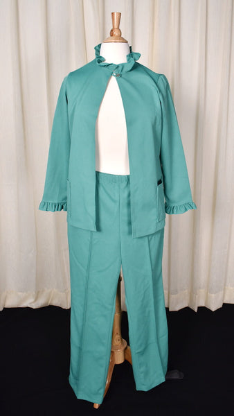 1970s Green Ruffle Pant Suit Cats Like Us