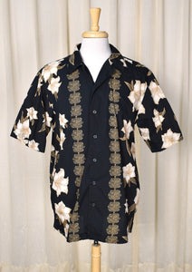 1970s Style Black w Tan Flowers Hawaiian Shirt Cats Like Us