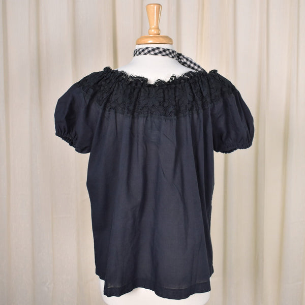 1970s Vintage Black Lace Peasant Top Cats Like Us