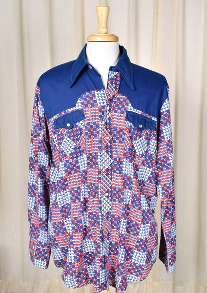 1970s Vintage Blue & Red Squares Shirt Cats Like Us