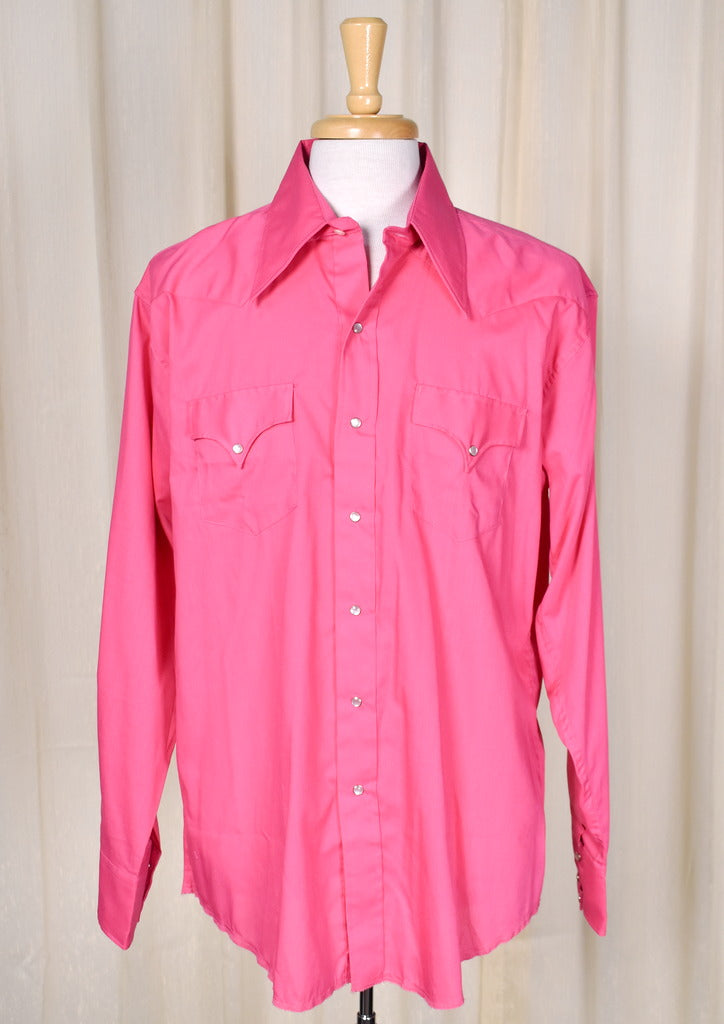 1970s Vintage Bright Pink Western Shirt Cats Like Us