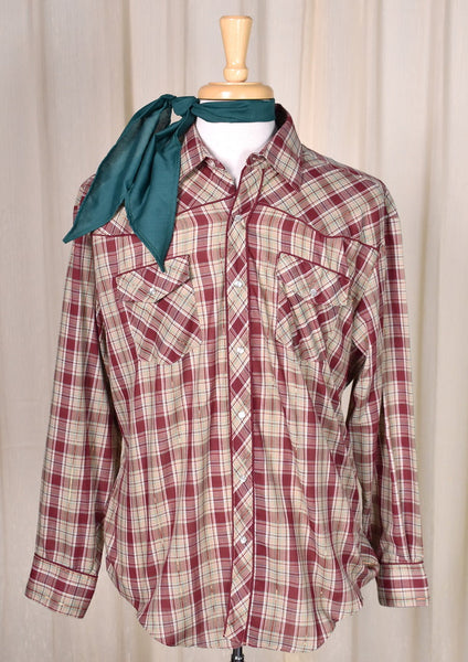1970s Vintage Burgundy Plaid Shirt with Tie Cats Like Us