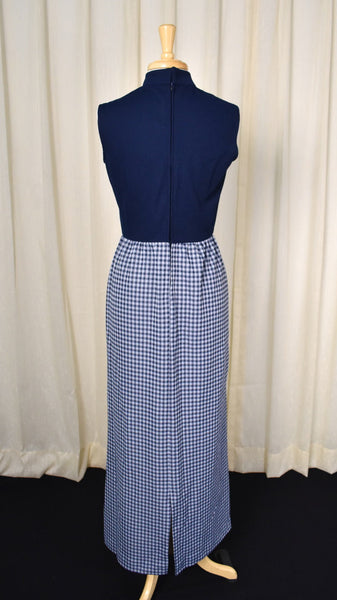1970s Vintage Navy Blue & White Gingham Maxi Dress Cats Like Us