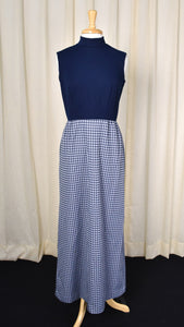 1970s Vintage Navy Blue & White Gingham Maxi Dress Cats Like Us