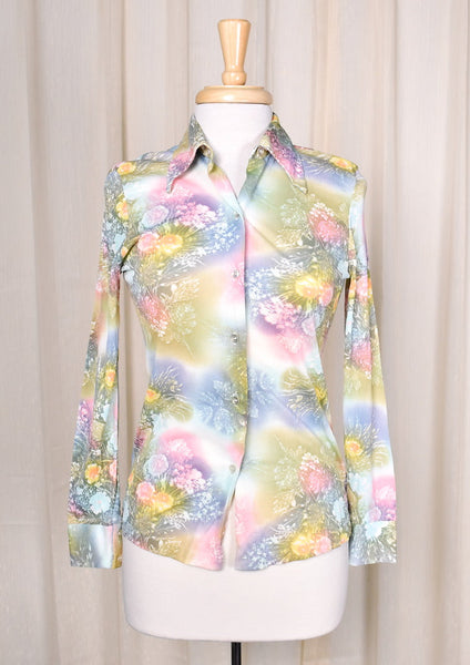 1970s Vintage Pastel Flowers Shirt Cats Like Us