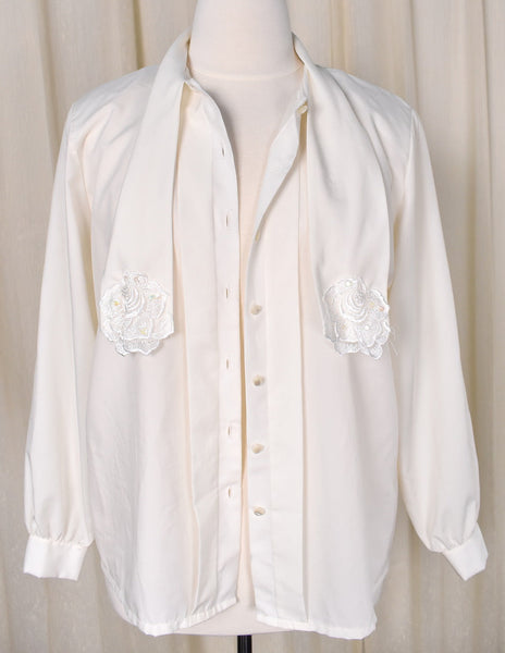 1980s Cream Rose Pearl & Sequin Blouse Cats Like Us