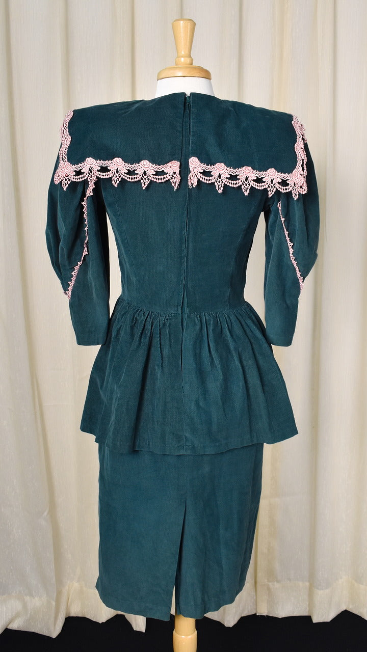 Vintage 1980s Green Cord Peplum Dress