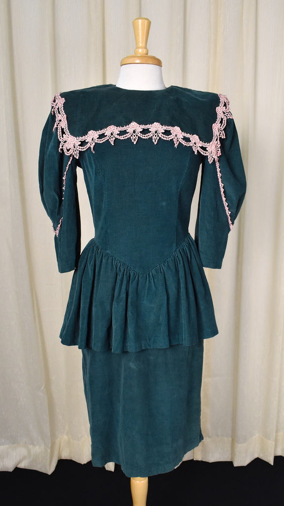 Vintage 1980s Green Cord Peplum Dress Vintage 1980s Green Cord Peplum Dress