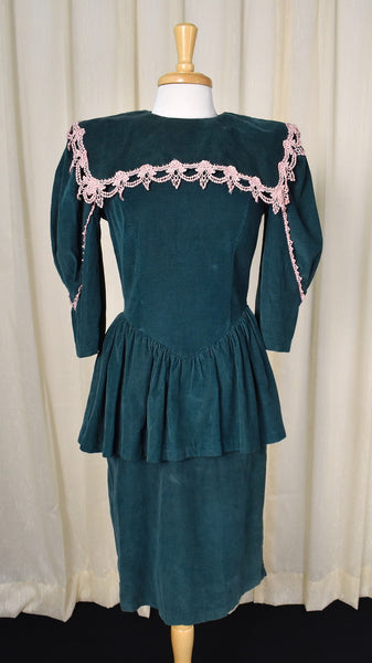 1980s Vintage Green Cord Peplum Dress Cats Like Us