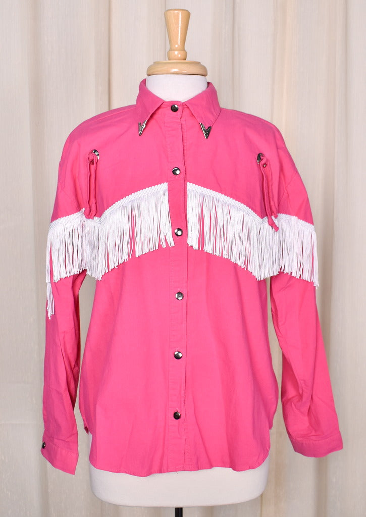1980s Vintage Pink Fringe Western Shirt Cats Like Us