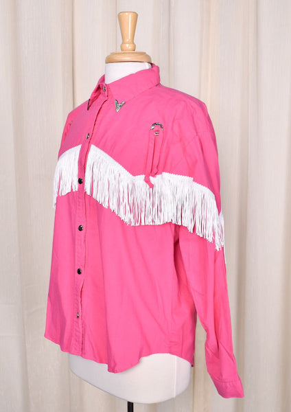 1980s Vintage Pink Fringe Western Shirt Cats Like Us