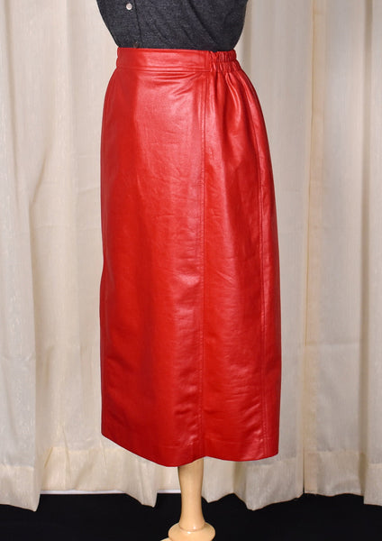 1980s Vintage Red Faux Leather Pencil Skirt Cats Like Us