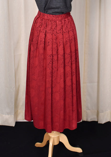 1980s Vintage Red Flocked Paisley Maxi Skirt by Susan Briston Cats Like Us