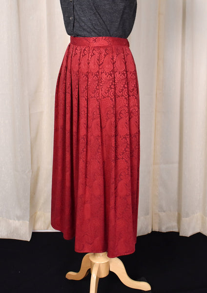 1980s Vintage Red Flocked Paisley Maxi Skirt by Susan Briston Cats Like Us