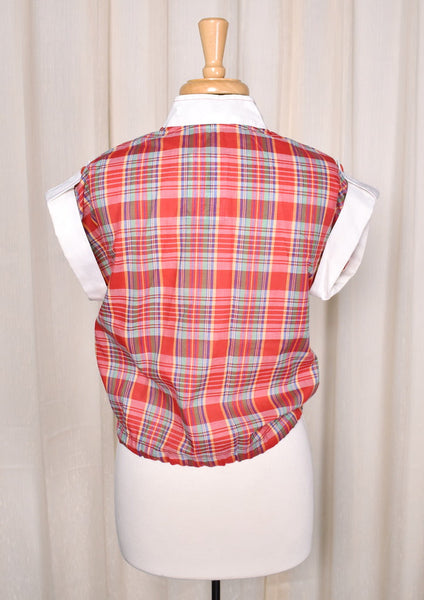 1980s Vintage Red Plaid Top w Epaulets Cats Like Us