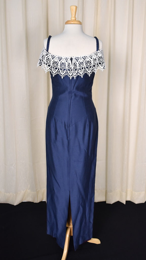 90s navy blue prom dress 1990s Navy & Lace Vintage Maxi Dress