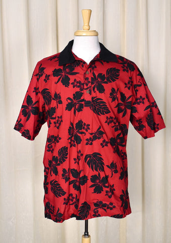 1990s Vintage Red & Black Polo Hawaiian Shirt Cats Like Us
