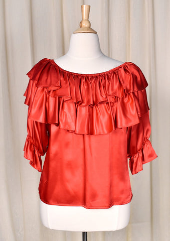 1990s Vintage Shiny Red Satin Ruffle Blouse Top Cats Like Us