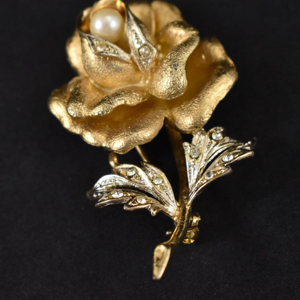 3D Gold Rose & Pearl Brooch Cats Like Us