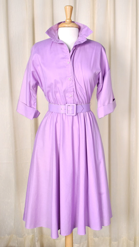 lavender shirt dress 80s does 1950s Vintage Lavender Shirt Dress