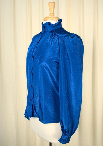 80s does 40s Blue Ruffle Blouse Cats Like Us