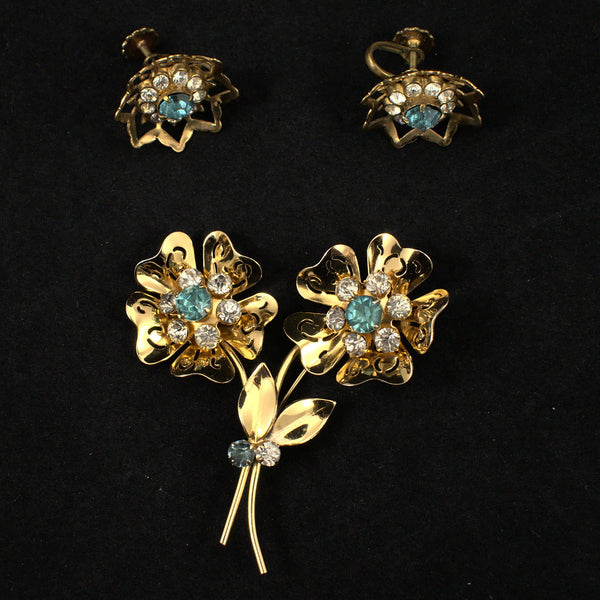 Blue Rhinestone Vintage Earrings & Pin Cats Like Us