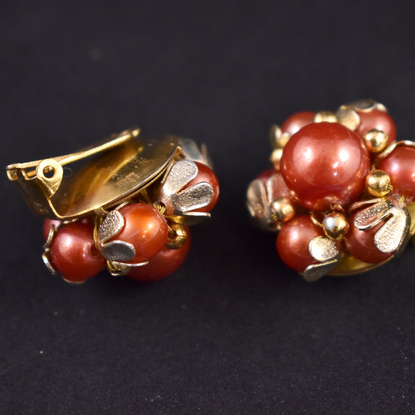 Orange Pearl Cluster Earrings