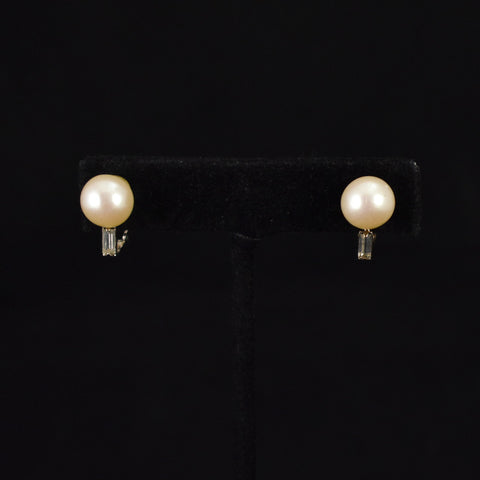 Simple Pearl Bead Earrings w/ Baguette Rhinestone
