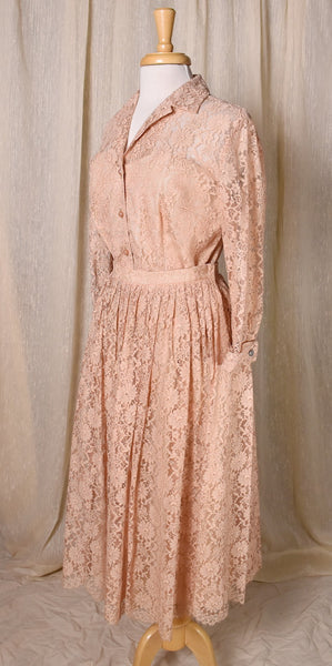 1950s Dusty Rose Sheer Illusion Scallop Lace Skirt Set