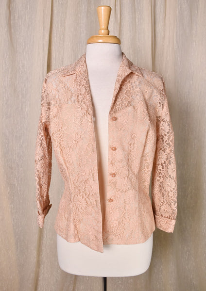 1950s Dusty Rose Sheer Illusion Scallop Lace Skirt Set