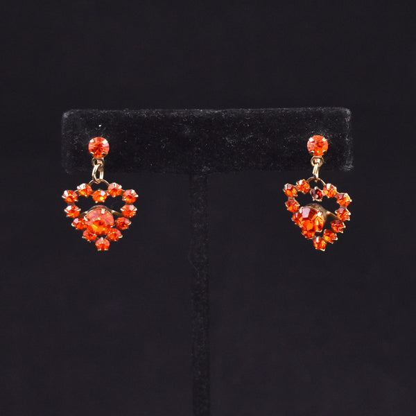 Orange Rhinestone Heart Dangling Earrings