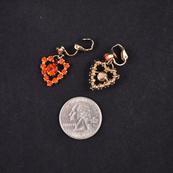 Orange Rhinestone Heart Dangling Earrings