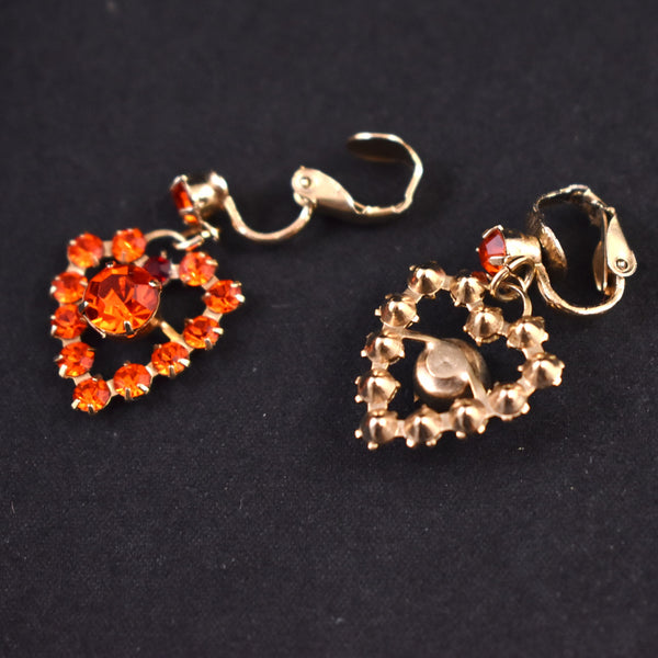 Orange Rhinestone Heart Dangling Earrings