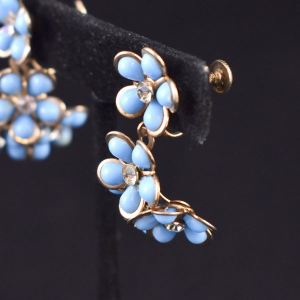 Blue Rhinestone Flower Earrings