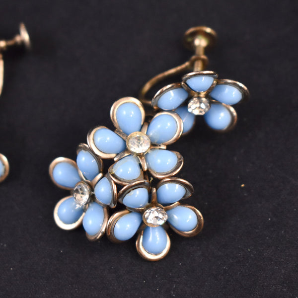 Blue Rhinestone Flower Earrings