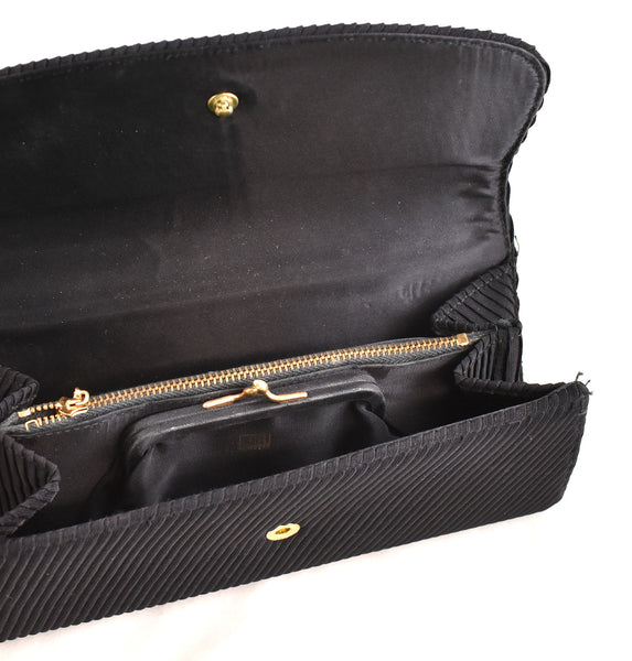 1940s Black Pleated Fabric Clutch Bag