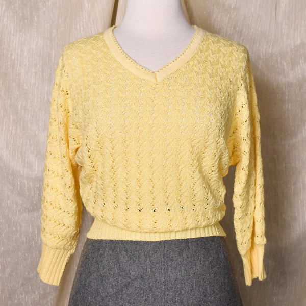 1980s Yellow Open Knit Raglan Sleeve Sweater
