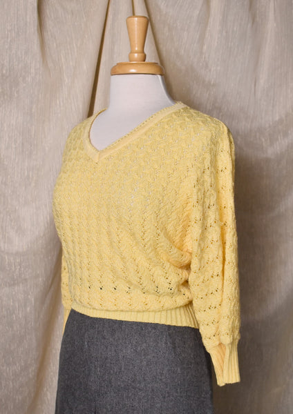 1980s Yellow Open Knit Raglan Sleeve Sweater