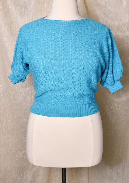 1980s Teal Blue Open Knit Raglan Sleeve Sweater