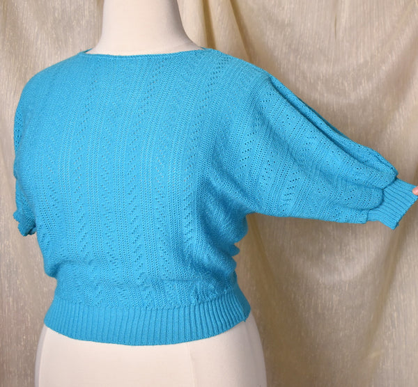 1980s Teal Blue Open Knit Raglan Sleeve Sweater