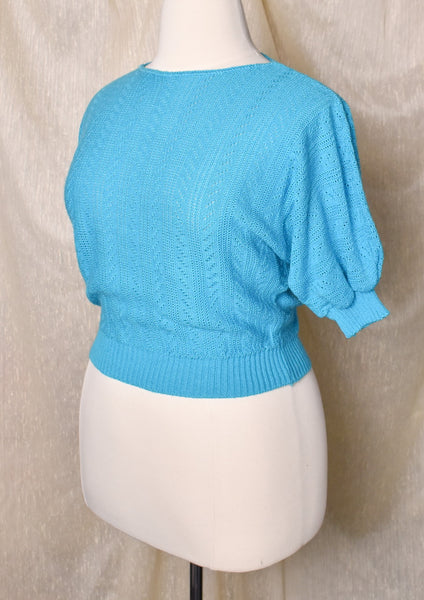 1980s Teal Blue Open Knit Raglan Sleeve Sweater