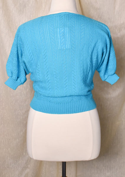 1980s Teal Blue Open Knit Raglan Sleeve Sweater