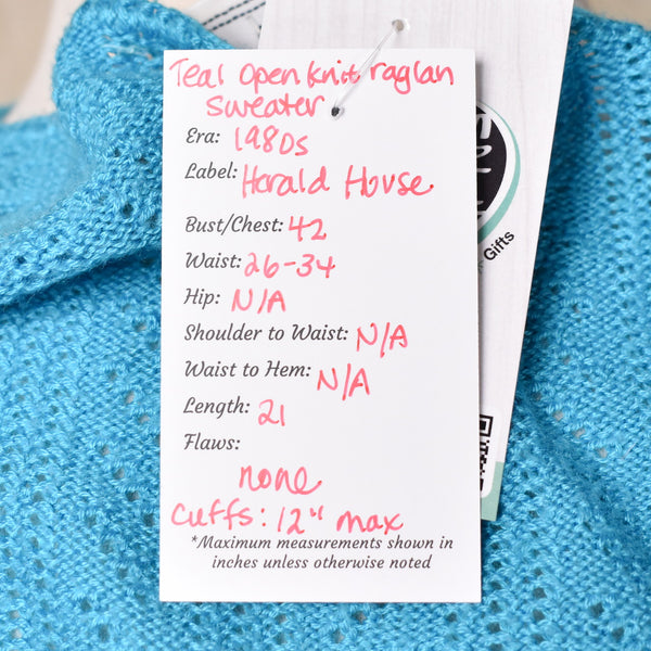 1980s Teal Blue Open Knit Raglan Sleeve Sweater