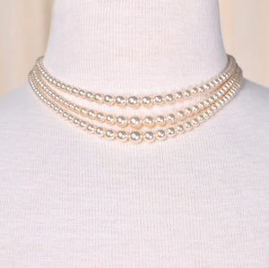 Triple Strand Pearl & Rhinestone Necklace