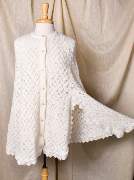 1960s White Open Knit Poncho Sweater