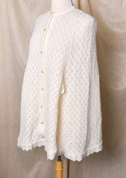 1960s White Open Knit Poncho Sweater