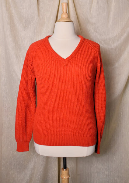 1970s Red Chunky Knit V Neck Sweater