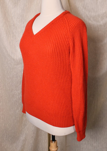 1970s Red Chunky Knit V Neck Sweater