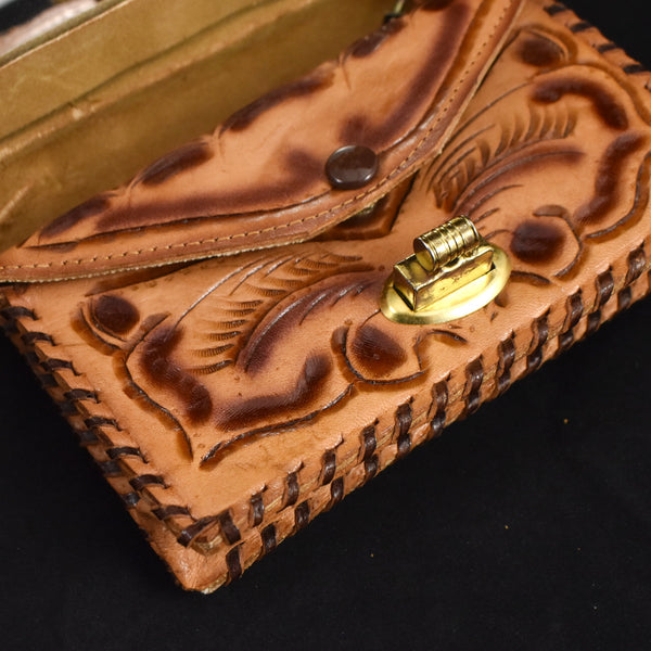 NOS Small Tooled Leather Floral Mirror Wallet