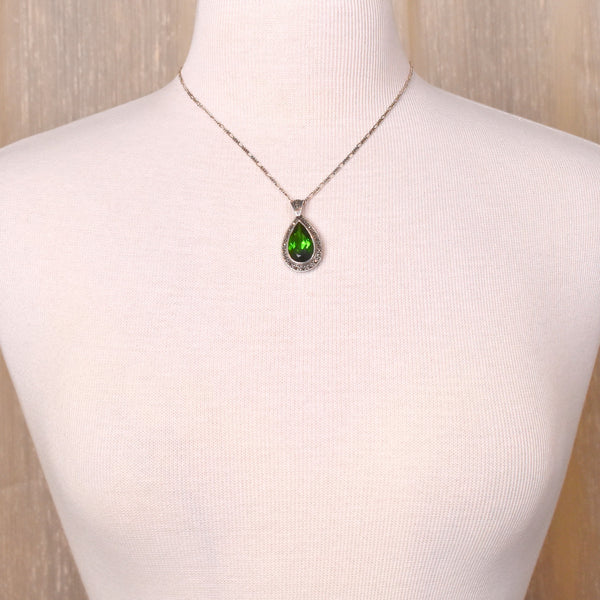 925 Green Teardrop Pear Marcasite Pendant Necklace